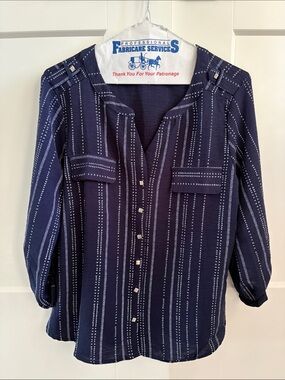Adrienne Vittadini Navy Vertical Stripe Button-Front Blouse